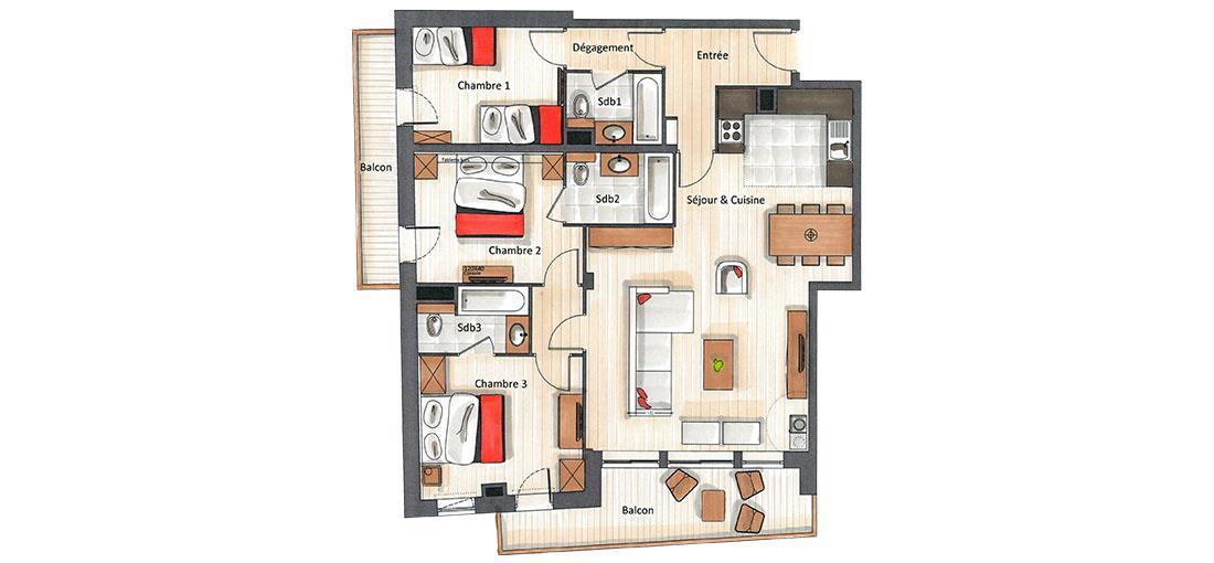 Wynajem na narty Apartament 3 pokojowy kabina 6-8 osób (C01) - Keystone Lodge - Courchevel - Plan