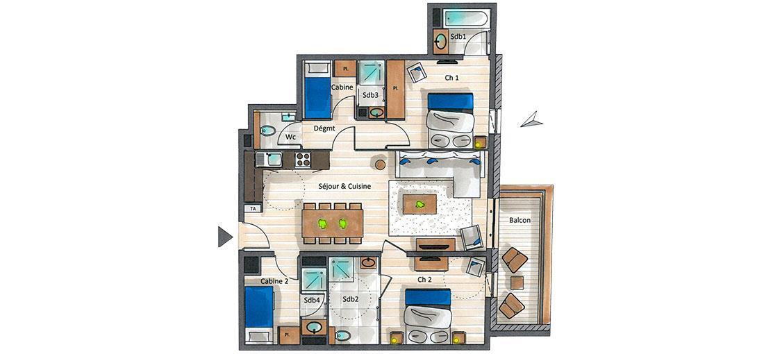 Wynajem na narty Apartament 4 pokojowy kabina 6-8 osób (A01) - Le C - Courchevel - Plan