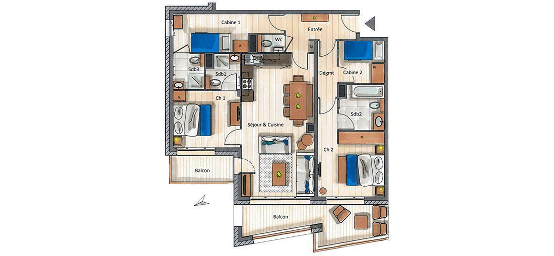 Location au ski Appartement 4 pièces cabine 6-8 personnes (A07) - Le C - Courchevel - Plan