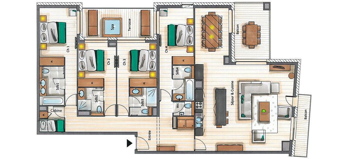 Rent in ski resort 5 room apartment cabin 8-10 people (D02) - Mammoth Lodge - Courchevel - Plan