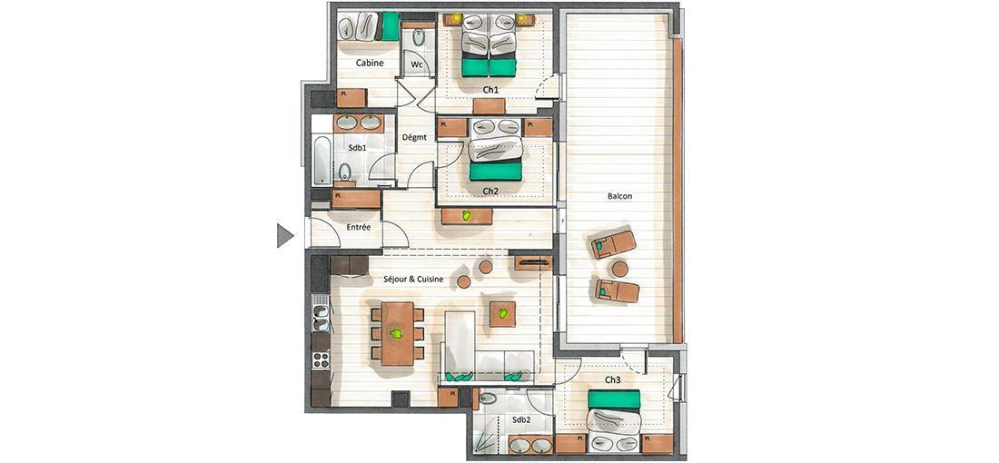 Location au ski Appartement 4 pièces cabine 6-8 personnes (B05) - Whistler Lodge - Courchevel - Plan