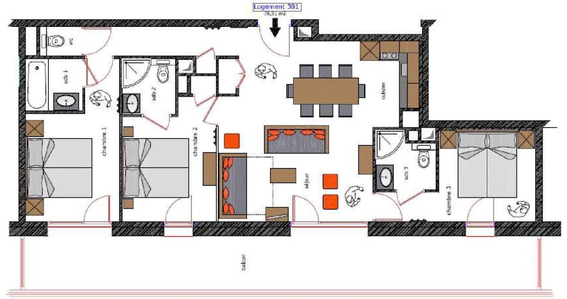 Wynajem na narty Apartament 3 pokojowy 8 osób (301) - Le Roc Noir - La Rosière - Plan