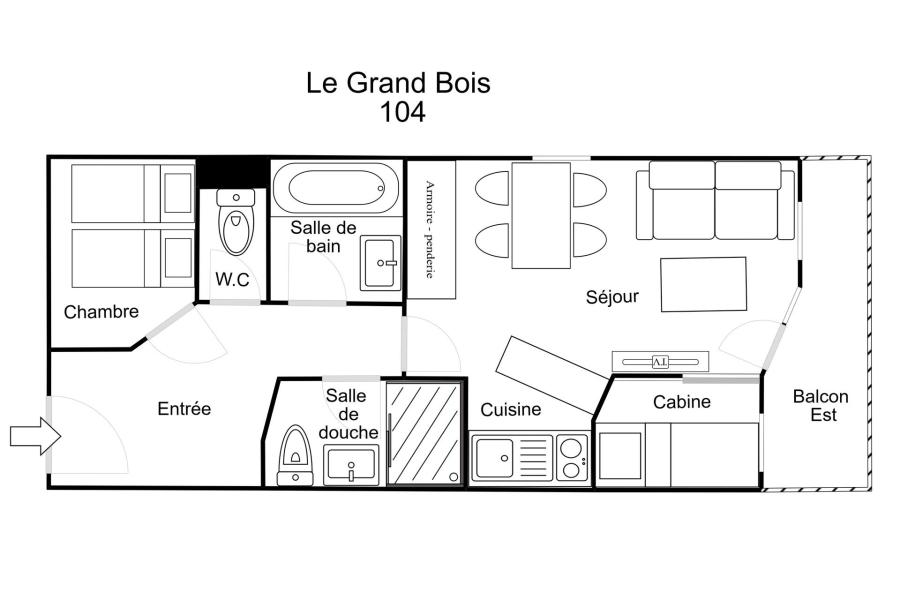Rent in ski resort 2 room apartment cabin 6 people (104) - Résidence le Grand Bois A - La Tania - Plan