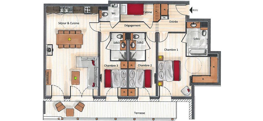 Location au ski Appartement 4 pièces cabine 6-8 personnes (B101) - Annapurna - Les Gets - Plan