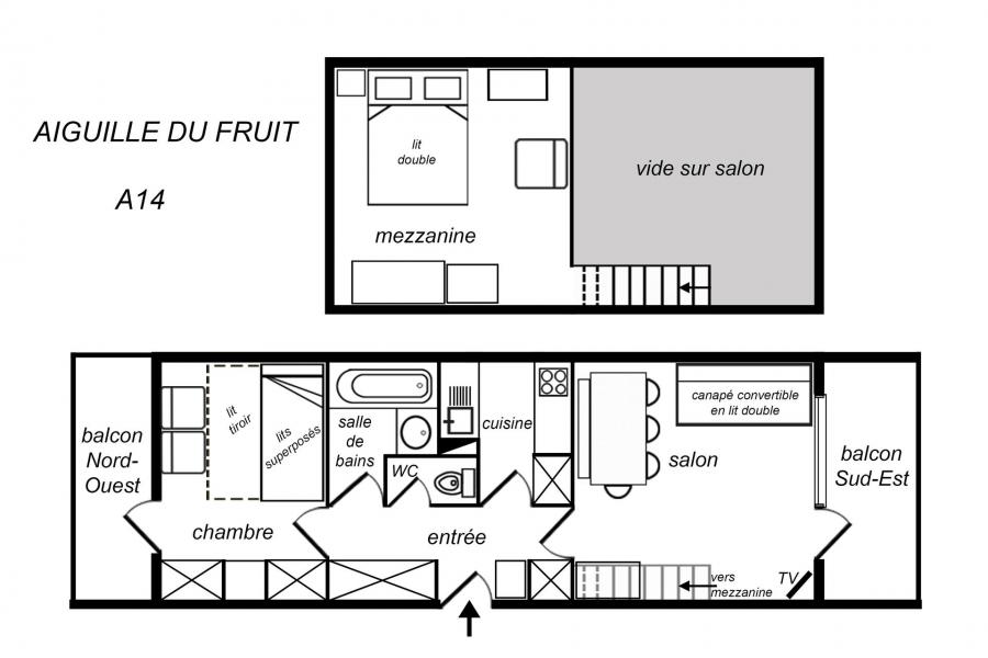 Location au ski Appartement 2 pièces mezzanine 6 personnes (014) - Résidence Aiguille du Fruit - Méribel-Mottaret - Plan