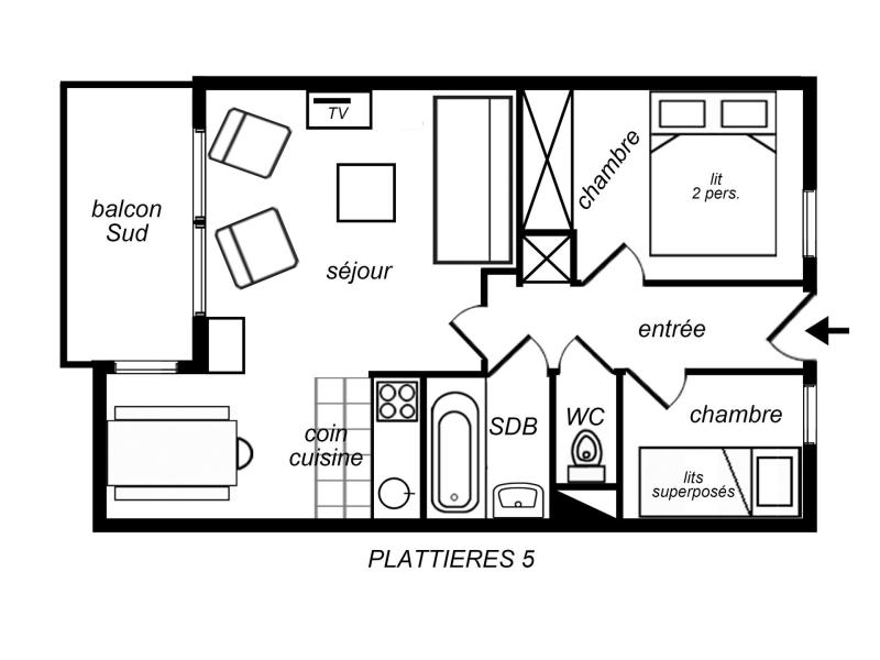 Rent in ski resort 2 room apartment cabin 4 people (005) - Résidence Plattières - Méribel-Mottaret - Plan