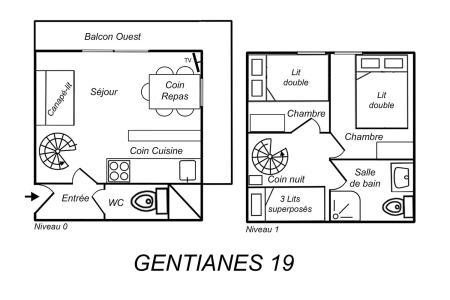 Rent in ski resort 3 room duplex apartment 6 people (019) - Résidence Gentianes - Méribel-Mottaret