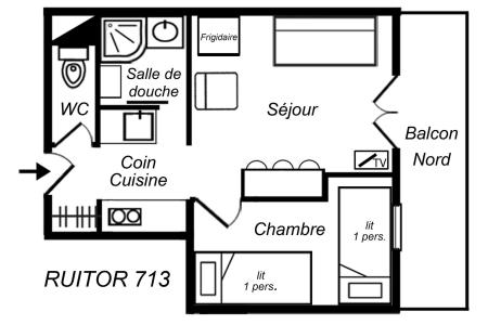Location au ski Studio cabine 2 personnes (713) - Résidence Ruitor - Méribel-Mottaret - Plan