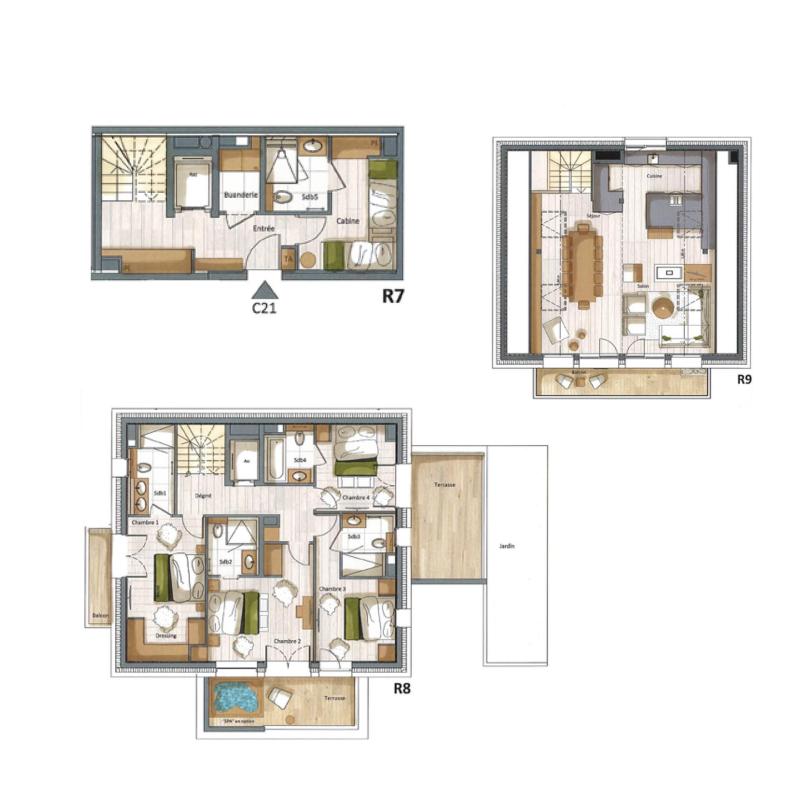 Wynajem na narty Apartament 5 pokojowy kabina 10-12 osób (C21) - Falcon - Méribel - Plan