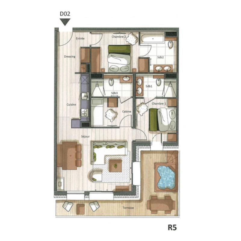 Wynajem na narty Apartament 3 pokojowy kabina 4-6 osób (D02) - Falcon - Méribel - Plan