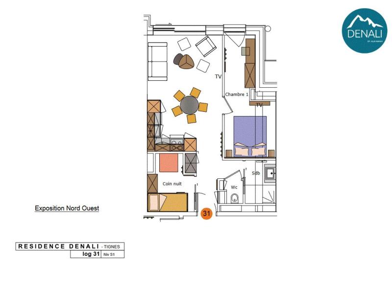 Rent in ski resort 2 room apartment sleeping corner 5 people - Résidence Hôtelière Denali - Tignes - Plan