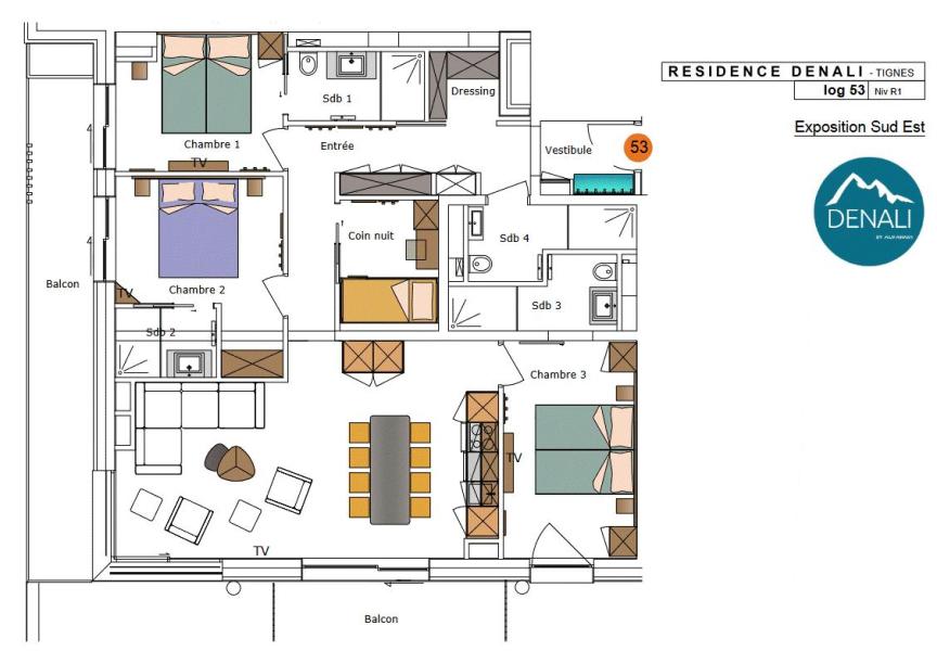 Wynajem na narty Apartament 4 pokojowy kabina 8 osób (97m²) - Résidence Hôtelière Denali - Tignes - Plan