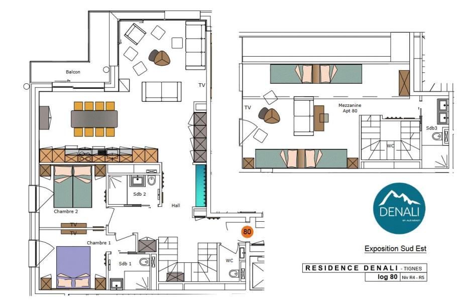 Location au ski Appartement 3 pièces mezzanine 8 personnes (80) - Résidence Hôtelière Denali - Tignes - Plan