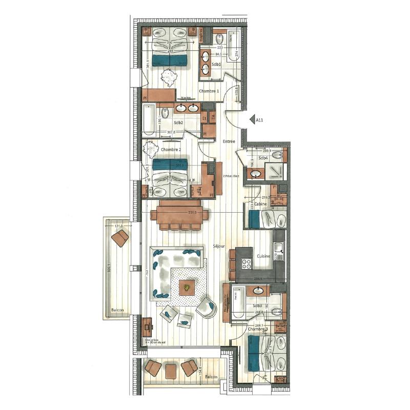 Rent in ski resort 4 room apartment cabin 6-8 people (A11) - Vail Lodge - Val d'Isère - Plan